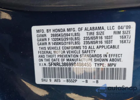 2009 Honda Odyssey Ex-L from USA, damaged, VIN 5FNRL38699B408455